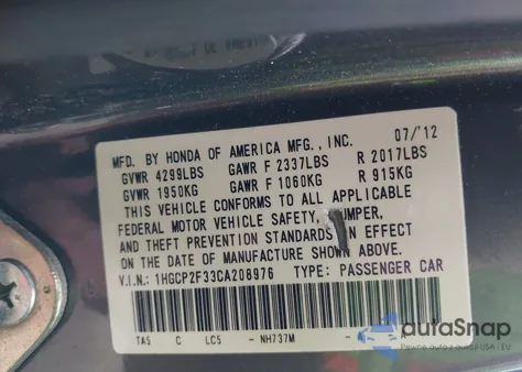 2012 Honda Accord 2.4 Lx from USA, damaged, VIN 1HGCP2F33CA208976